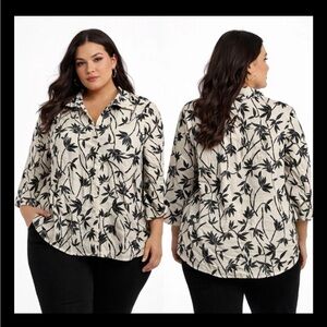 Lucy & Laurel Womens Black and White Floral 100% Linen Button
Up Blouse Size 2X